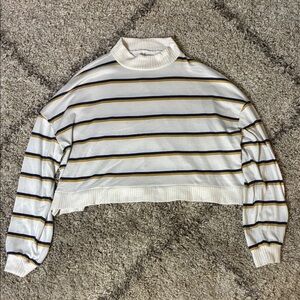 Retro Striped Mock Neck Sweater - White with Navy & Yellow Stripes